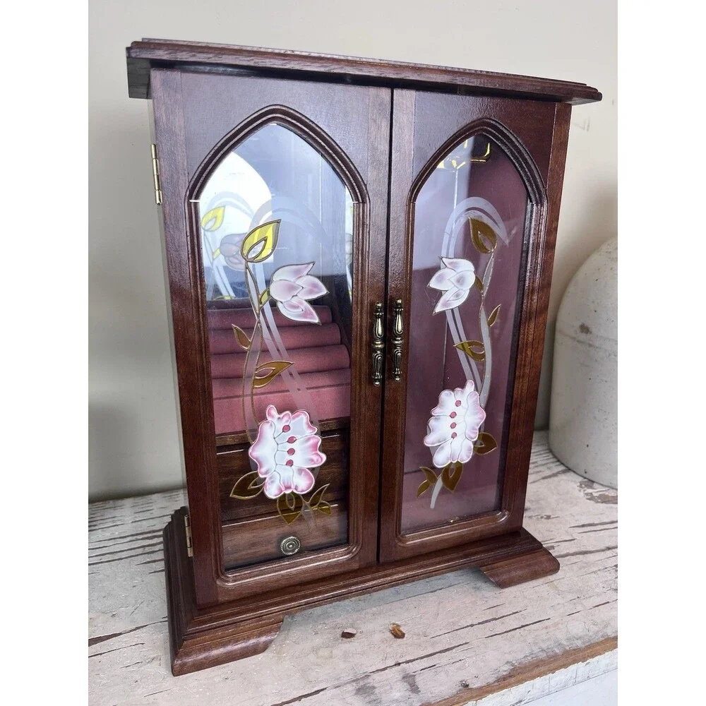 Vintage Wooden Jewelry Armoire Box Cabinet w/ Glass Floral Doors & Drawers